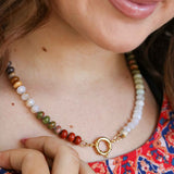 Amazonite, Quartz, Moonstone and Fossilized Wood Beads Necklace, 20 Inches