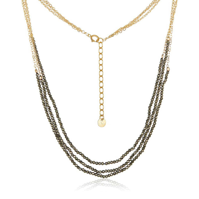 Pyrite Triple Strand Necklace, Yellow Gold Plating