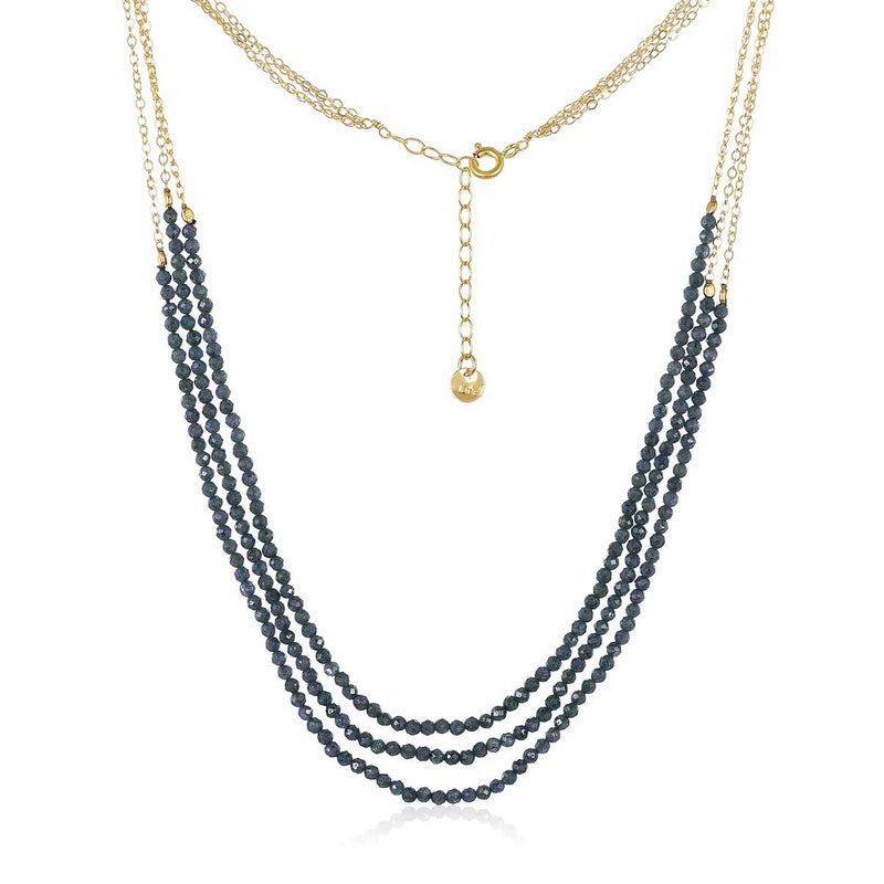 Blue Sapphire Triple Strand Necklace, Yellow Gold Plating
