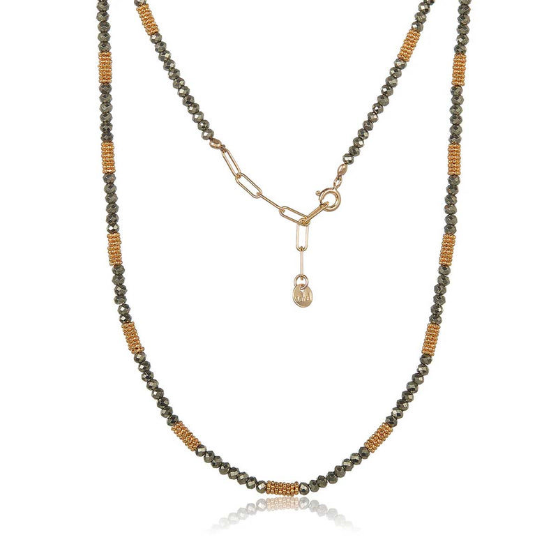 Pyrite and Gold Tone Bead Necklace, Yellow Gold Plating