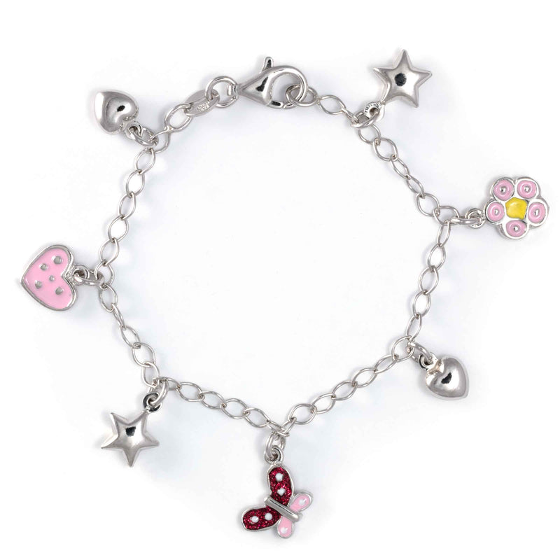 Hearts, Stars, Butterfly and Flower Bracelet, Sterling Silver, 6.00 inches
