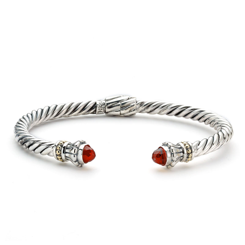 Rope Design Cuff with Garnet Ends, Sterling Silver