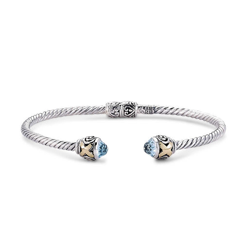 Hinged Design Cuff with Blue Topaz Ends, Sterling Silver