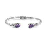 Rope Design Hinged Cuff with Amethyst Ends, Sterling Silver
