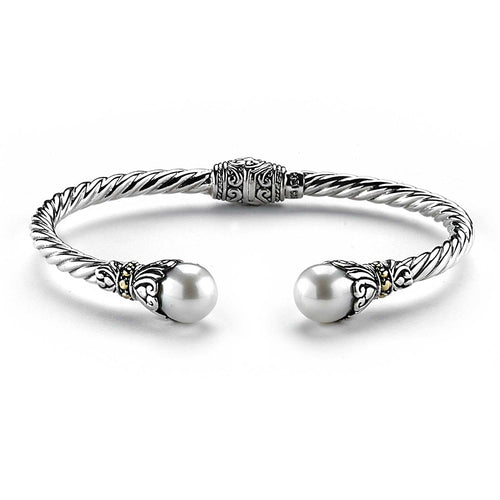Rope Design Cuff with Freshwater Cultured Pearl Ends, Sterling Silver