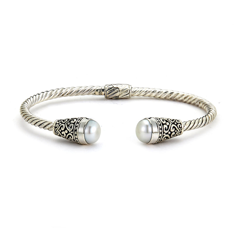 Rope Design Hinged Cuff with Cultured Pearl Ends, Sterling Silver