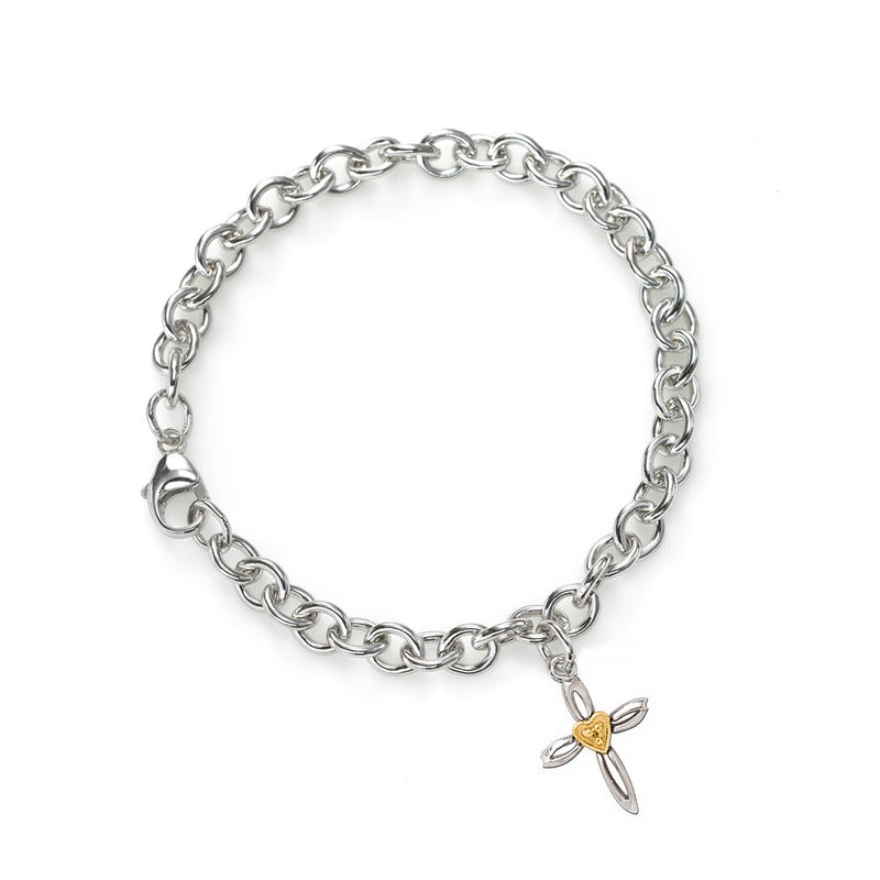 Cross Charm Bracelet, Sterling Silver and 14K Yellow Gold