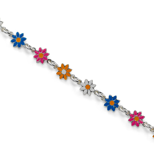 Daisy Enamel Flower Bracelet, 7 Inches, Sterling Silver