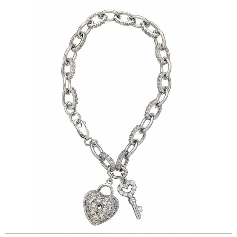 CZ Heart Lock and Key Link Bracelet, Sterling Silver