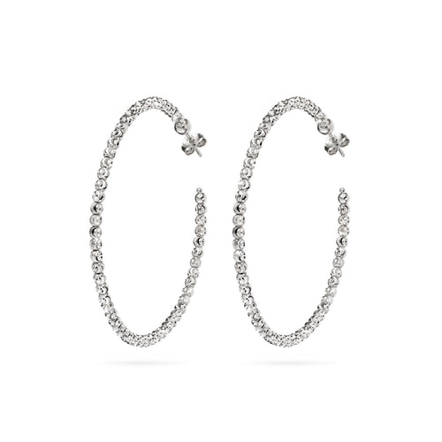 Faceted Bead Hoop Earrings, 2 Inches, Sterling with Rhodium Plating
