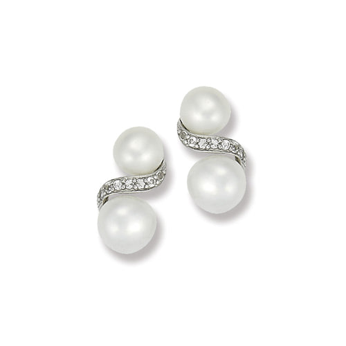 Double Pearl and White Topaz Earrings, Sterling Silver