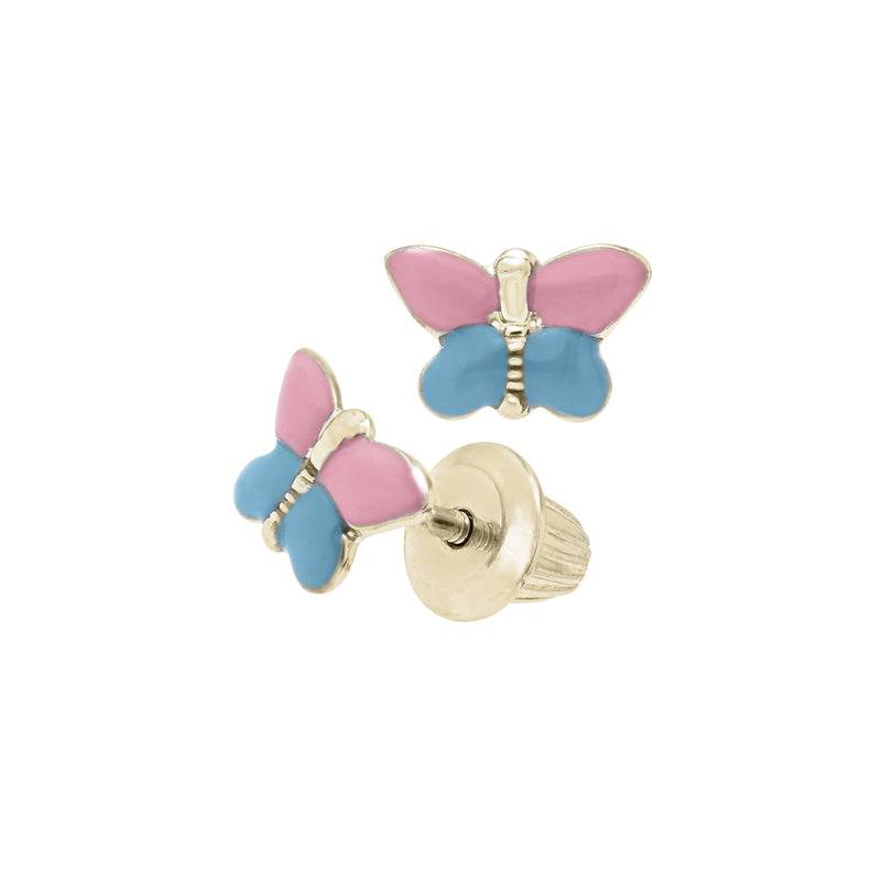 Pink and Blue Enamel Butterfly Earrings, 14K Yellow Gold