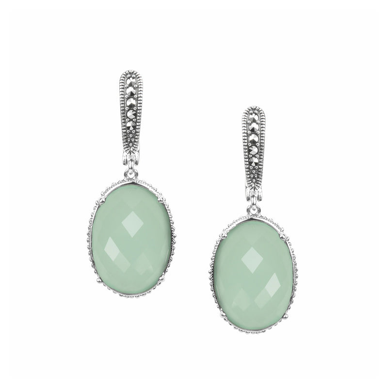 Apple Green Chalcedony and Marcasite Dangle Earrings, Sterling Silver