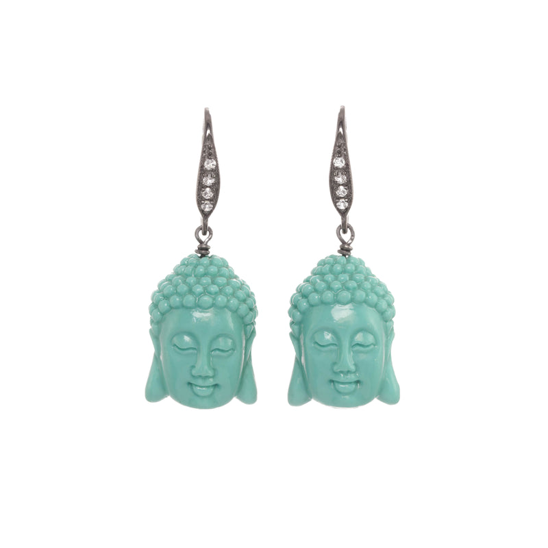 Carved Buddha Head Dangle Earrings, Sterling Silver