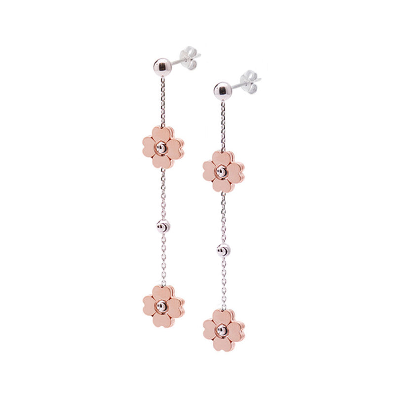 Rose Color Flower Dangle Earrings, Sterling Silver with 18K Rose Gold Plating