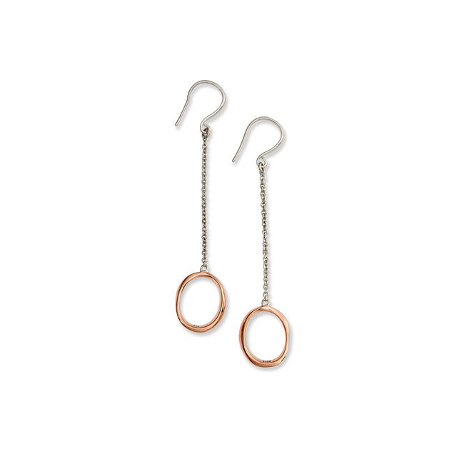 Two Tone Oval Loop Dangle Earrings, Sterling Silver and Rose Gold Plating