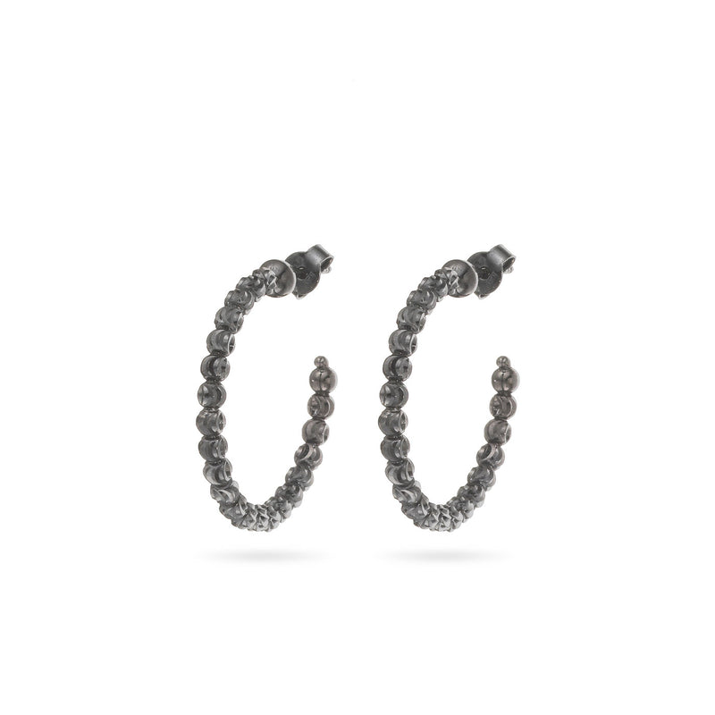 Bead Hoop Earrings, 1 Inch, Sterling with Rhodium Plating