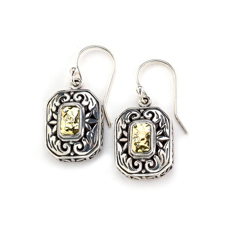 Two Tone Rectangular Drop Earrings, Sterling Silver and 18K Gold