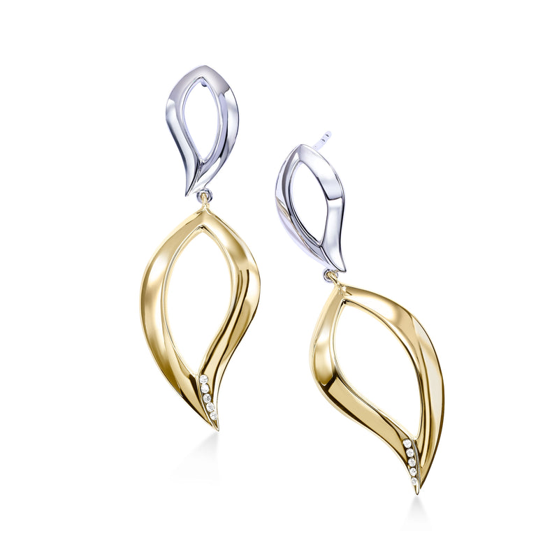 Two Tone Open Leaf Dangle Earrings, Sterling Silver and Yellow Gold Plating