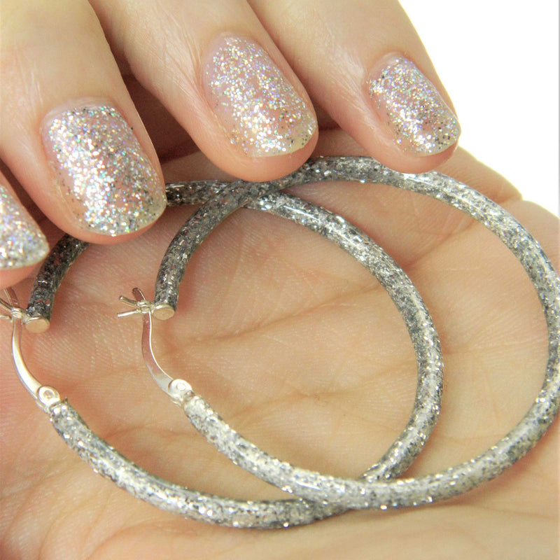 "Diamond" Glitter Enamel Hoops, Sterling Silver
