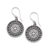 Granulated Design Round Disc Drop Earrings, Sterling Silver