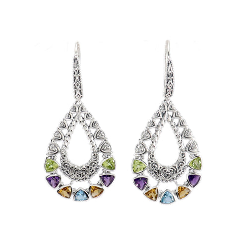 Multi Gemstone Pear Shape Dangle Earrings, Sterling Silver