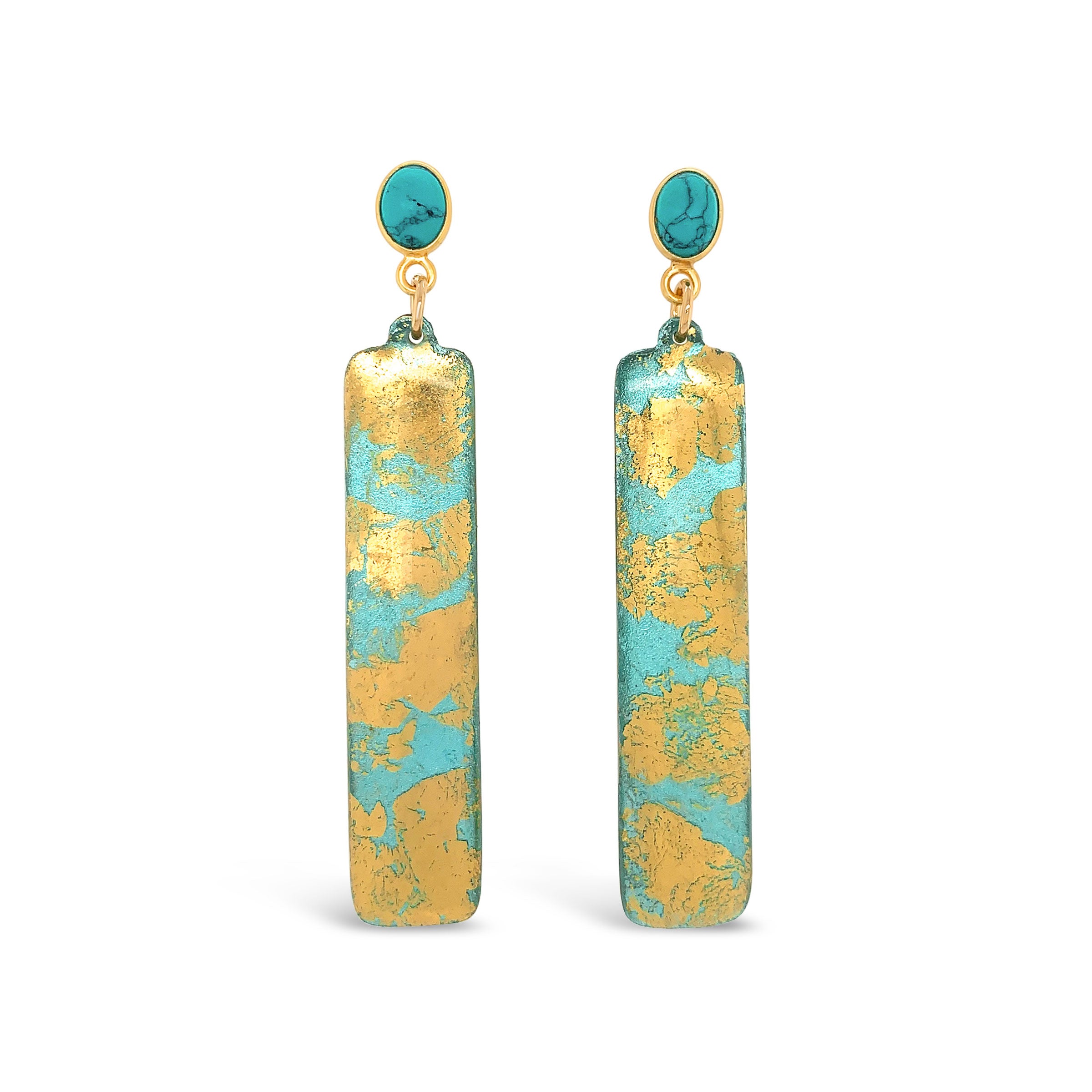 Copper Leather Leaf Earrings with Kingman Turquoise Accents - Beadmask