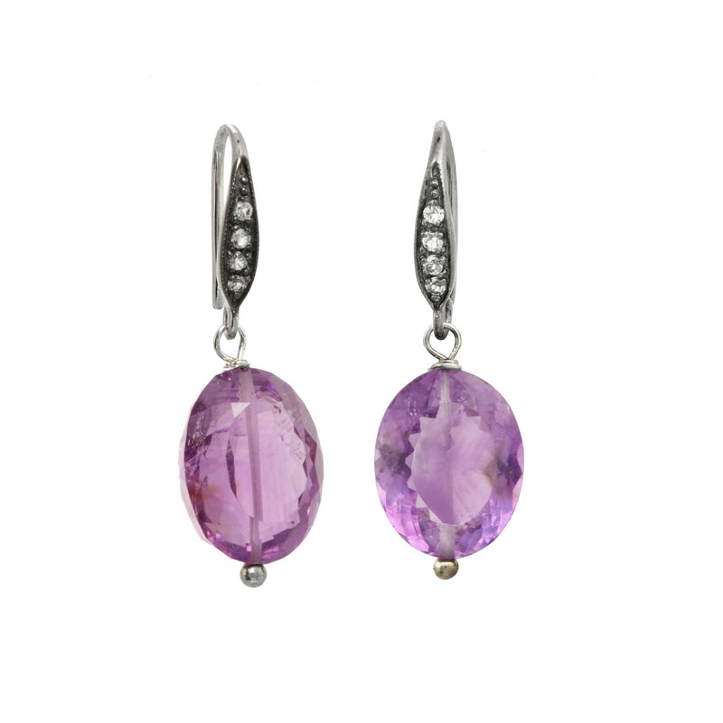 Cushion Cut Amethyst and White Sapphire Drop Earrings, Sterling Silver
