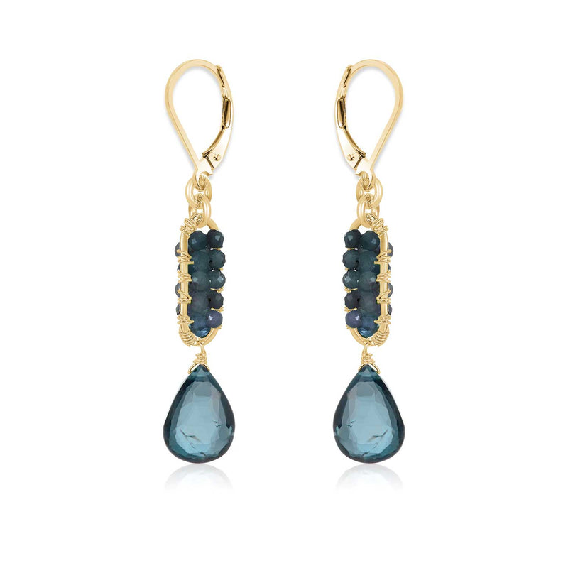 Deep Blue Sapphire and Blue Topaz Dangle Earrings, Gold Plated