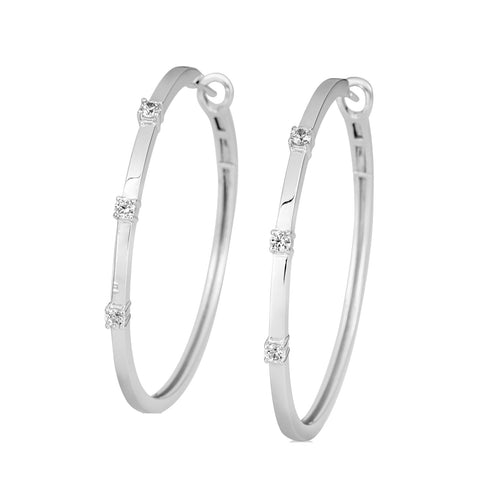 White Sapphire Hoop Earrings, 2 Inches, Sterling Silver