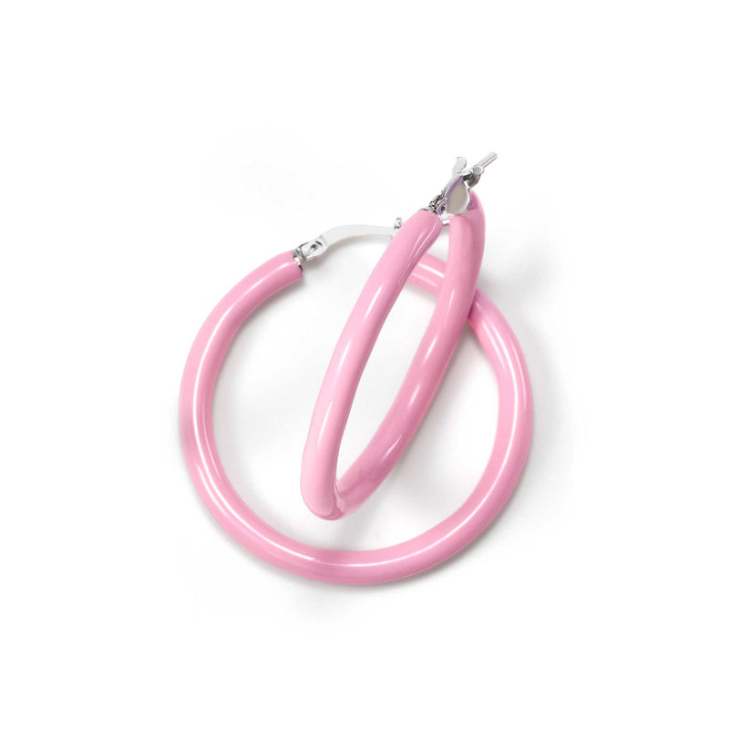Pink Enamel Hoop Earrings, 1.25 Inches, Sterling Silver