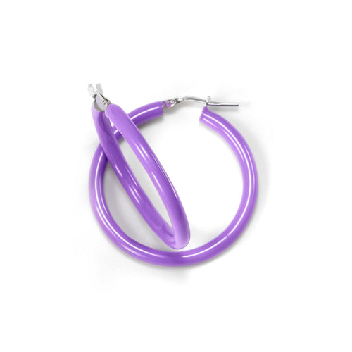 Purple Enamel Hoop Earrings, 1.25 Inches, Sterling Silver