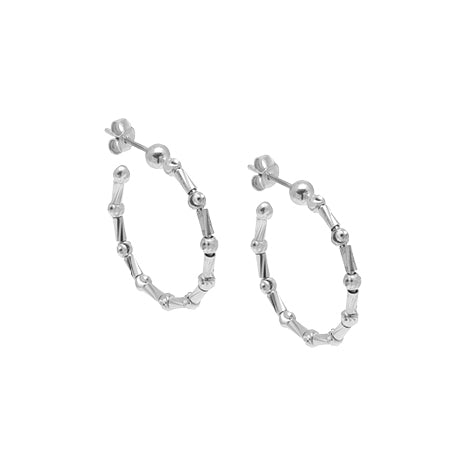 Diamond Cut Bead Hoop Earrings, 1.50 Inches, Sterling with Platinum Plating