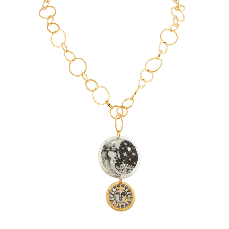 'Sun Moon' Double Disc Enamel Necklace, Gold Leaf, by Evocateur