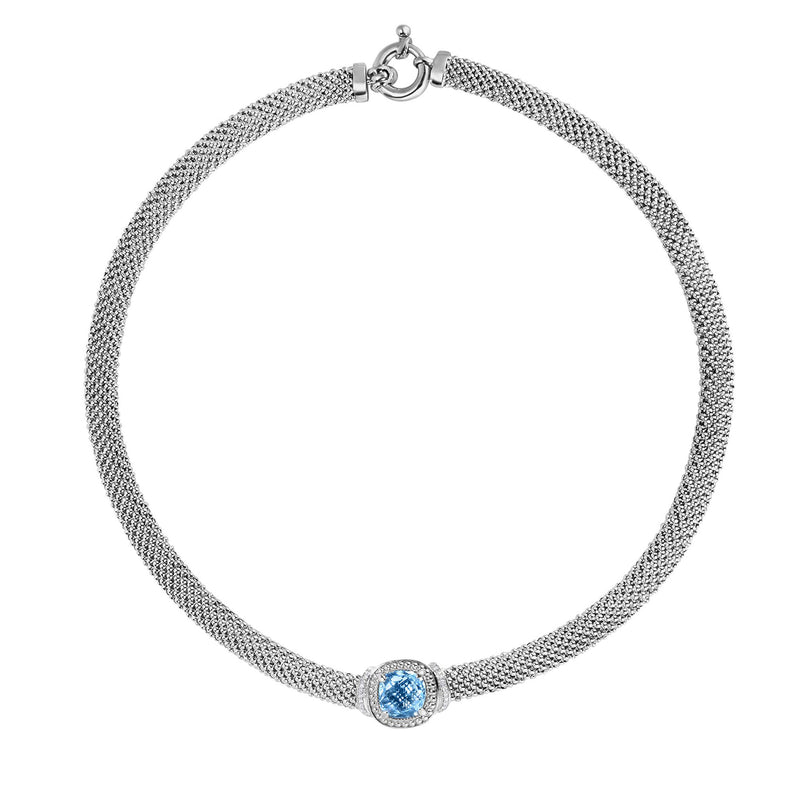 Blue Topaz and Diamond Mesh Necklace, Sterling Silver