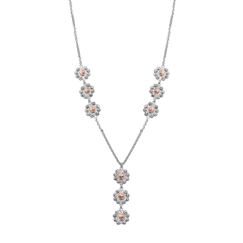 Two Tone Daisy Lariat Style Necklace, Sterling with 18K Rose Gold Plating