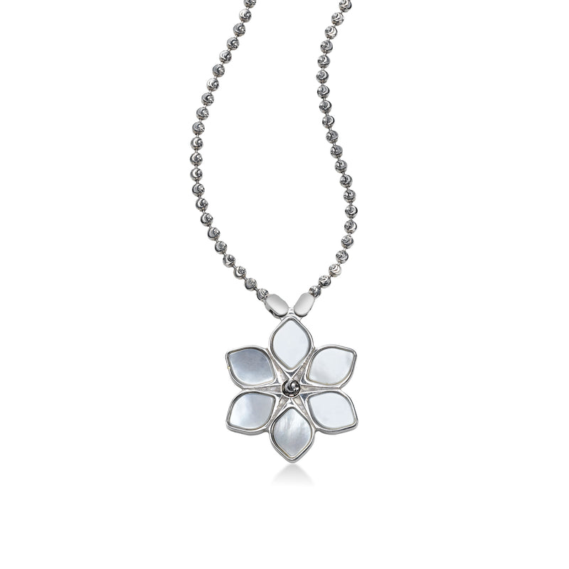 Mother Of Pearl Flower with Bead Chain Necklace, Sterling Silver