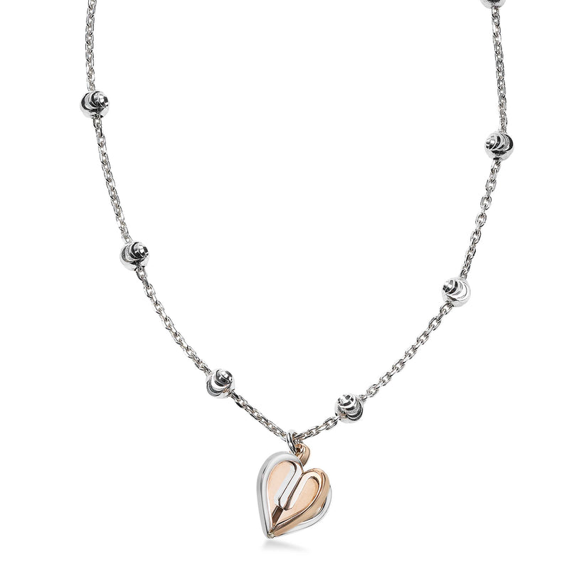 Two Tone Open Heart Dangle Necklace, Sterling Silver and 18K Rose Gold
