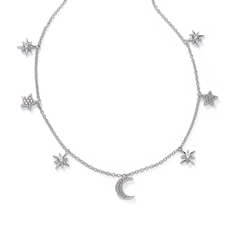 CZ Star and Moon Charm Necklace, 16 Inches, Sterling Silver