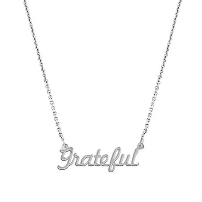 "Grateful" Script Necklace, White Gold Plated