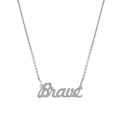 "Brave" Script Necklace, White Gold Plated