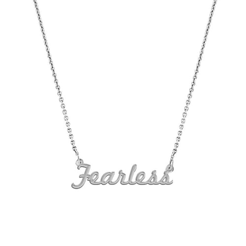 "Fearless" Script Necklace, White Gold Plated
