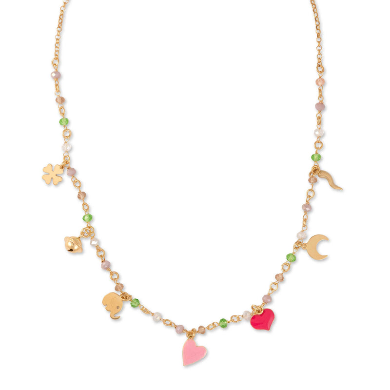 Multi Charm and Bead Necklace, Sterling Silver with Yellow Gold Plating
