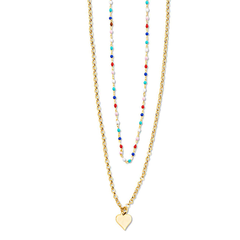 Double Layer Enamel and Heart Necklace, Yellow Gold Plating
