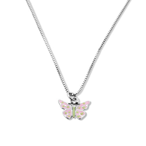 Pink and Green Enamel Butterfly Pendant, Sterling Silver