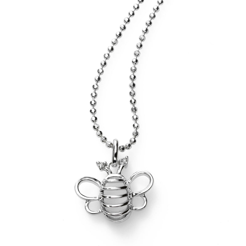Bee Pendant, Diamond Accent, Mini Size, Sterling Silver, 18 Inch Chain