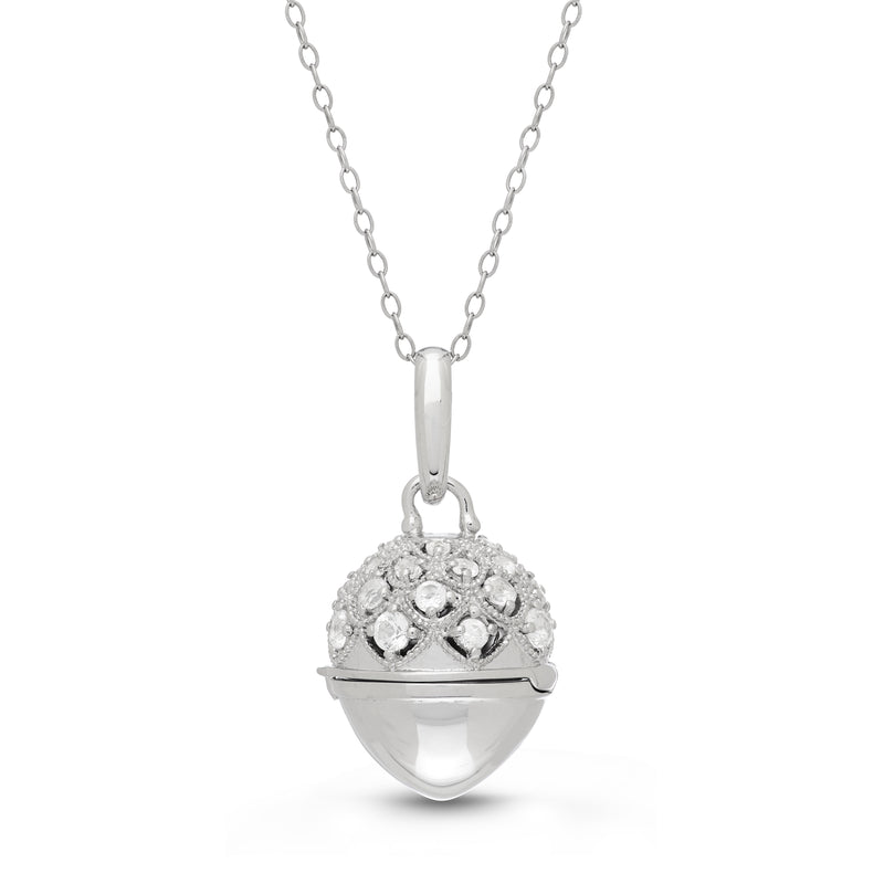 Acorn Shape Locket with White Topaz, Sterling Silver