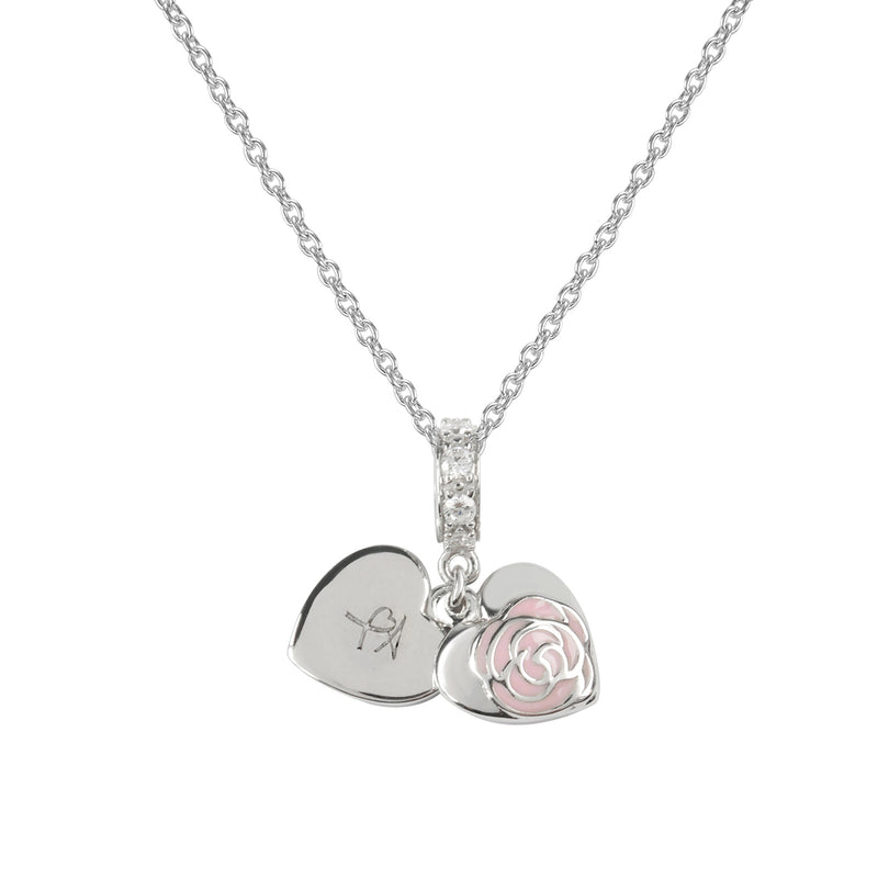 "Strong" Engraved Enamel CZ Heart Charm, Sterling Silver