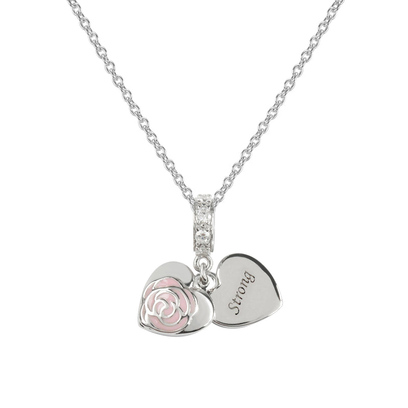 "Strong" Engraved Enamel CZ Heart Charm, Sterling Silver
