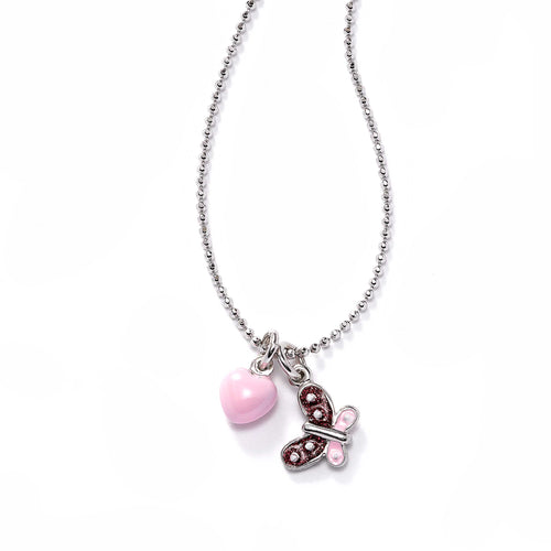 Pink Heart and Butterfly Charm Pendant, Sterling Silver